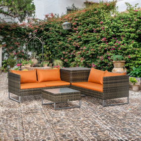 4 Pieces Rattan Sofa Loveseat Garden Table Set w/ Cushions Storage Table Orange