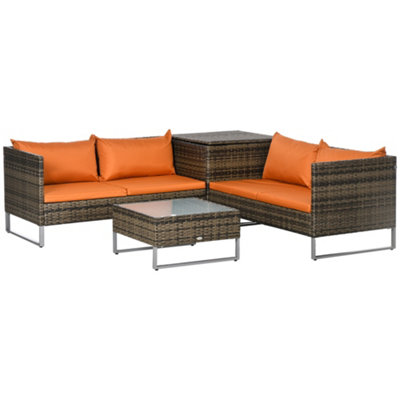 4 Pieces Rattan Sofa Loveseat Garden Table Set w/ Cushions Storage Table Orange