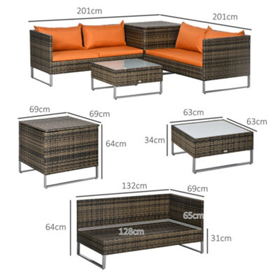 4 Pieces Rattan Sofa Loveseat Garden Table Set w/ Cushions Storage Table Orange - 3