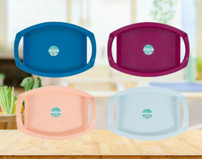 4 Plastic Serving Trays Dinner Lap Trays With Handles Mixed Coloured