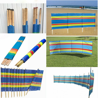 4 Pole Windbreak Wooden Multicolor Blue Stripe Tall Windbreaker Folding Garden Camping Beach Picnic Holiday Privacy Sun Screen