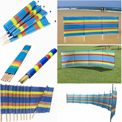 4 Pole Wooden Windbreak Beach Camping Windbreaker Sun Wind Shelter Striped 4ft High X 7ft Long Traditional