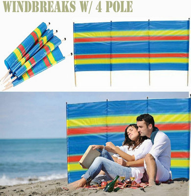 4 Pole Wooden Windbreak Beach Camping Windbreaker Sun Wind Shelter Striped 4ft High X 7ft Long Traditional