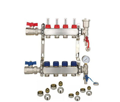 4 Ports Stainless Steel UFH Manifold with 15mm Pipe Connections, 1 inch Ball Valves, Automatic Air Vent & Pressure Gauge