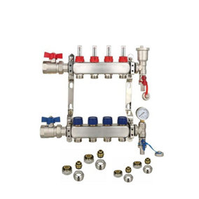4 Ports Stainless Steel UFH Manifold with 15mm Pipe Connections, 1 inch Ball Valves, Automatic Air Vent & Pressure Gauge