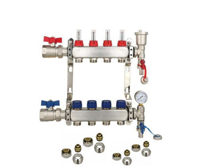 4 Ports Stainless Steel UFH Manifold with 16mm Pipe Connections, 1 inch Ball Valves, Automatic Air Vent & Pressure Gauge