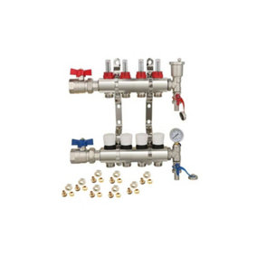 4 Ports Water Underfloor Heating Manifold with 15mm Pipe Connections, 1 inch Ball Valves, Automatic Air Vent & Pressure Gauge