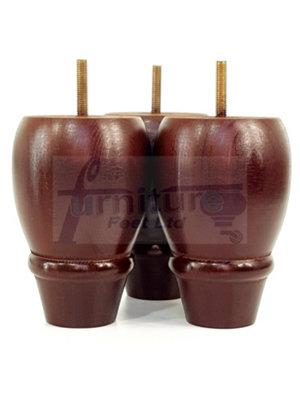 4 REPLACEMENT FURNITURE BUN FEET ANTIQUE MAHOGANY TURNED WOODEN LEGS 125mm HIGH M8 PKC342