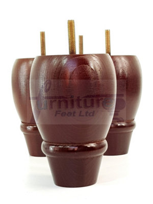 4 REPLACEMENT FURNITURE BUN FEET ANTIQUE MAHOGANY TURNED WOODEN LEGS 125mm HIGH M8 PKC342