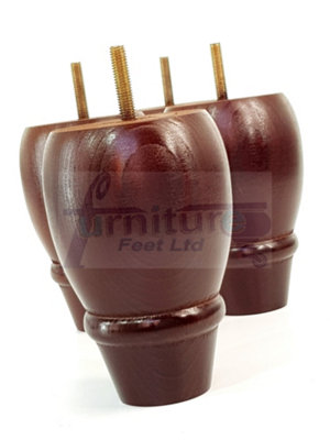 4 REPLACEMENT FURNITURE BUN FEET ANTIQUE MAHOGANY TURNED WOODEN LEGS 125mm HIGH M8 PKC342