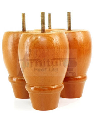 4 REPLACEMENT FURNITURE BUN FEET GOLDEN OAK TURNED WOODEN LEGS 125mm HIGH M8 PKC342