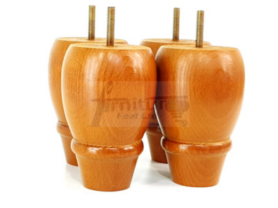 4 REPLACEMENT FURNITURE BUN FEET GOLDEN OAK TURNED WOODEN LEGS 125mm HIGH M8 PKC342