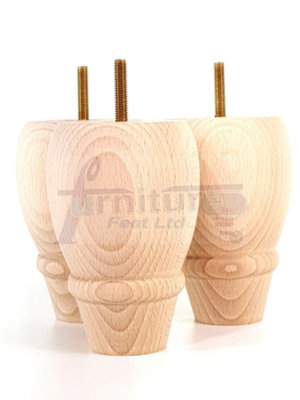 4 REPLACEMENT FURNITURE BUN FEET RAW UNFINISHED TURNED WOODEN LEGS 125mm HIGH M8 PKC342
