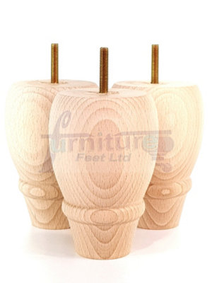 4 REPLACEMENT FURNITURE BUN FEET RAW UNFINISHED TURNED WOODEN LEGS 125mm HIGH M8 PKC342
