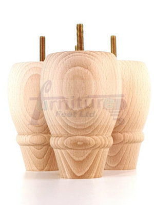 4 REPLACEMENT FURNITURE BUN FEET RAW UNFINISHED TURNED WOODEN LEGS 125mm HIGH M8 PKC342