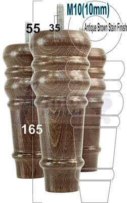 4 REPLACEMENT FURNITURE FEET ANTIQUE BROWN STAIN TURNED WOODEN LEGS 165mm HIGH SETTEE CHAIRS SOFAS FOOTSTOOLS M10 (10mm) TSP2071
