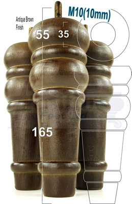 4 REPLACEMENT FURNITURE FEET ANTIQUE BROWN TURNED WOODEN LEGS 165mm HIGH SETTEE CHAIRS SOFAS FOOTSTOOLS M10 (10mm) TSP2071