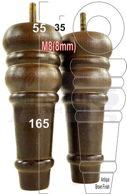 4 REPLACEMENT FURNITURE FEET ANTIQUE BROWN TURNED WOODEN LEGS 165mm HIGH SETTEE CHAIRS SOFAS FOOTSTOOLS M8 (8mm) TSP2071