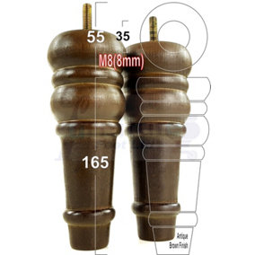 4 REPLACEMENT FURNITURE FEET ANTIQUE BROWN TURNED WOODEN LEGS 165mm HIGH SETTEE CHAIRS SOFAS FOOTSTOOLS M8 (8mm) TSP2071