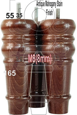 4 REPLACEMENT FURNITURE FEET ANTIQUE MAHOGANY STAIN TURNED WOODEN LEGS 165mm HIGH SETTEE CHAIRS SOFAS FOOTSTOOLS M8 (8mm) TSP2071