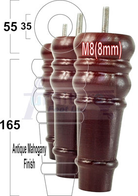 4 REPLACEMENT FURNITURE FEET ANTIQUE MAHOGANY TURNED WOODEN LEGS 165mm HIGH SETTEE CHAIRS SOFAS FOOTSTOOLS M8 (8mm) TSP2071