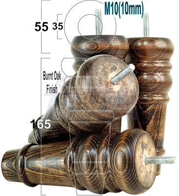 4 REPLACEMENT FURNITURE FEET BURNT OAK TURNED WOODEN LEGS 165mm HIGH