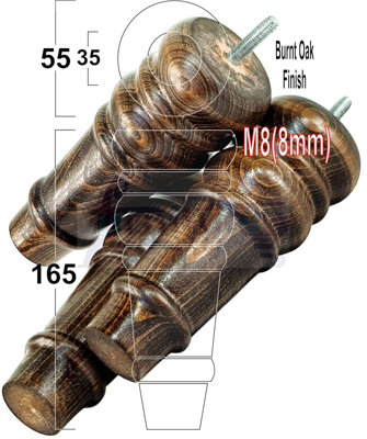 4 REPLACEMENT FURNITURE FEET BURNT OAK TURNED WOODEN LEGS 165mm HIGH SETTEE CHAIRS SOFAS FOOTSTOOLS M8 (8mm) TSP2071