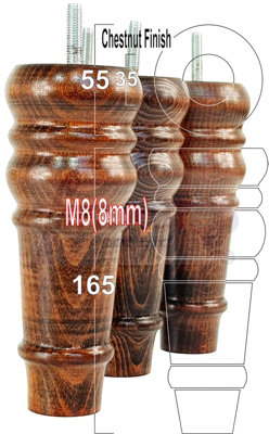 4 REPLACEMENT FURNITURE FEET CHESTNUT WASH TURNED WOODEN LEGS 165mm HIGH SETTEE CHAIRS SOFAS FOOTSTOOLS M8 (8mm) TSP2071