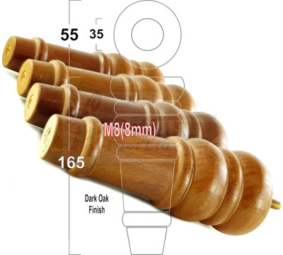 4 REPLACEMENT FURNITURE FEET DARK OAK TURNED WOODEN LEGS 165mm HIGH