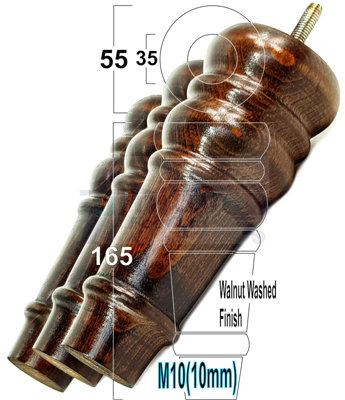 4 REPLACEMENT FURNITURE FEET DARK WALNUT WASH TURNED WOODEN LEGS 165mm HIGH SETTEE CHAIRS SOFAS FOOTSTOOLS M10 (10mm) TSP2071