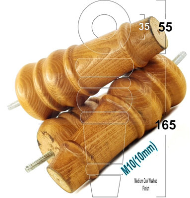 4 REPLACEMENT FURNITURE FEET MEDIUM OAK WASH TURNED WOODEN LEGS 165mm