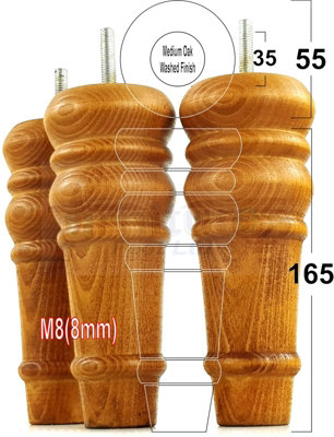 4 REPLACEMENT FURNITURE FEET MEDIUM OAK WASH TURNED WOODEN LEGS 165mm HIGH SETTEE CHAIRS SOFAS FOOTSTOOLS M8 (8mm) TSP2071