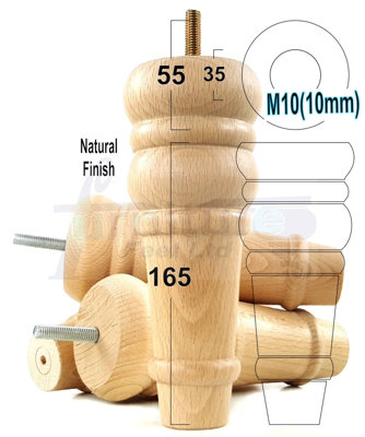 4 REPLACEMENT FURNITURE FEET NATURAL TURNED WOODEN LEGS 165mm HIGH SETTEE CHAIRS SOFAS FOOTSTOOLS M10 (10mm) TSP2071