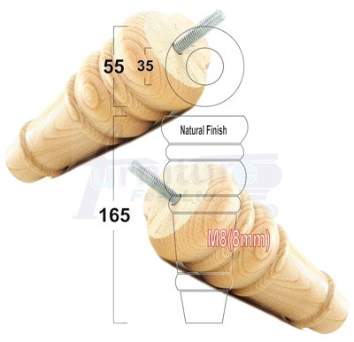 4 REPLACEMENT FURNITURE FEET NATURAL TURNED WOODEN LEGS 165mm HIGH SETTEE CHAIRS SOFAS FOOTSTOOLS M8 (8mm) TSP2071