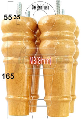 4 REPLACEMENT FURNITURE FEET OAK STAIN TURNED WOODEN LEGS 165mm HIGH SETTEE CHAIRS SOFAS FOOTSTOOLS M8 (8mm) TSP2071