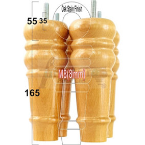 4 REPLACEMENT FURNITURE FEET OAK STAIN TURNED WOODEN LEGS 165mm HIGH SETTEE CHAIRS SOFAS FOOTSTOOLS M8 (8mm) TSP2071