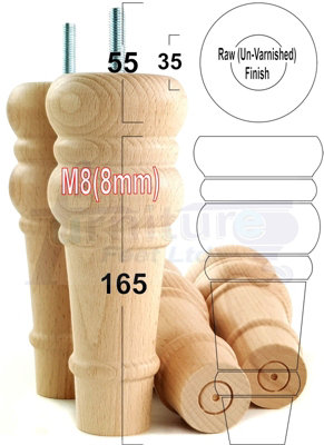 4 REPLACEMENT FURNITURE FEET RAW TURNED WOODEN LEGS 165mm HIGH SETTEE CHAIRS SOFAS FOOTSTOOLS M8 (8mm) TSP2071