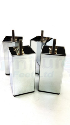 4 Replacment Chrome Metal Legs 100mm High Silver Square Block Feet M8 Couch Chairs Sofa Footstool Bed