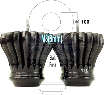 4 Replacment Furniture Bun Feet Black Turned Wood Legs 110mm High