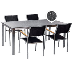 4 Seater Garden Dining Set Black Granite Effect Glass Top with Black Chairs COSOLETO/GROSSETO