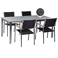 4 Seater Garden Dining Set Black Granite Effect Glass Top with PE Rattan Black Chairs COSOLETO/GROSSETO