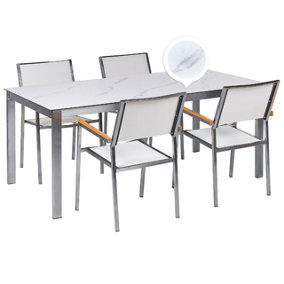 4 Seater Garden Dining Set Marble Effect Glass Top with White Chairs COSOLETO/GROSSETO