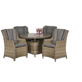 4 Seater Garden Furniture Set - 5 Piece - Deluxe Rattan Round Comfort Dining Set - 110cm Table + 4 Chairs Includes Cushions