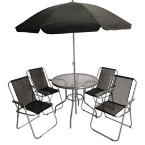 4 Seater Glass Garden Table And Folding Chairs Dining Set With Black Parasol