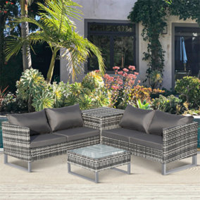 4 seater Patio Corner L Shape Sofa Storage and Table Set with Cushions Side Desk Storage - Mixed Grey