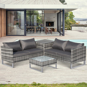 4 seater Patio Corner L Shape Sofa Storage and Table Set with Cushions Side Desk Storage - Mixed Grey