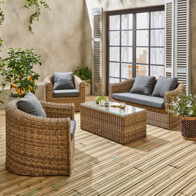 4 seater round rattan garden sofa set 1 sofa 2 armchairs 1 coffee table Valentina Natural rattan Charcoal grey cushions