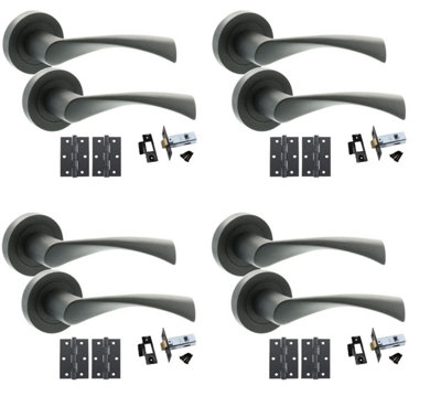 4 Set Astrid Design Door Handle On Round Rose Latch Door Handles Internal Pack 2.5" Latch & 1 Pair of 3" Ball Bearing Hinges - GG