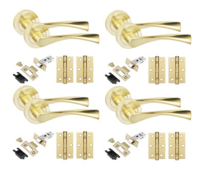 4 Set Astrid Design Door Handles Set Ball Bearing Hinges and Latches Satin Brass Finish