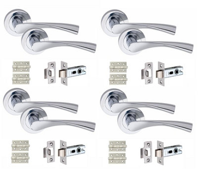 4 Set Astrid Door Handles Set Ball Bearing Hinges and Latches Polished Chrome Finish